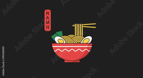 Japanese Ramen Noodles Bowl with Chopsticks and Egg, Minimalist Illustration