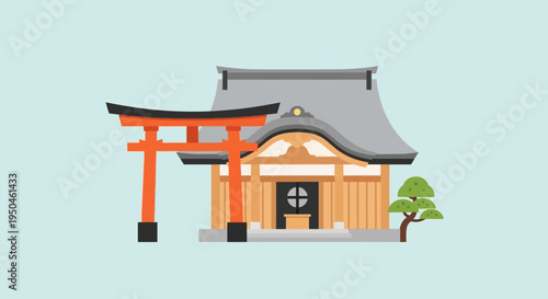Japanese Shrine and Torii Gate Illustration - Traditional Architecture