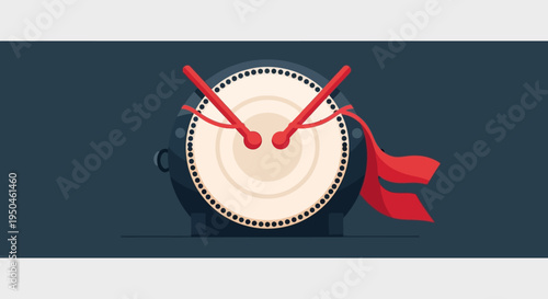 Japanese Taiko Drum with Red Drumsticks and Flowing Ribbon