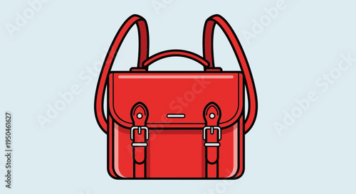 Red Leather Satchel Bag with Straps, Top Handle, and Buckles - Isolated on Light Blue