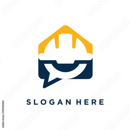 Construction helmet logo design with speech bubble representing communication.