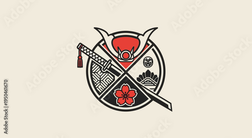Samurai Emblem: Sword, Helmet, Cherry Blossom, Geometric Patterns