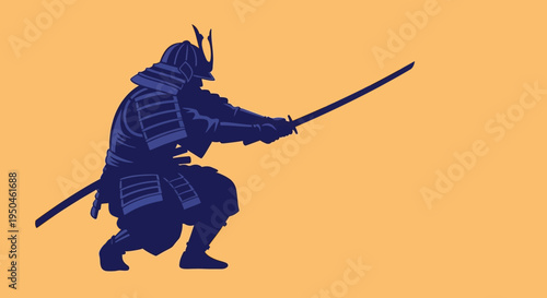 Samurai Warrior Silhouette in Dynamic Pose with Katana Sword on Orange Background