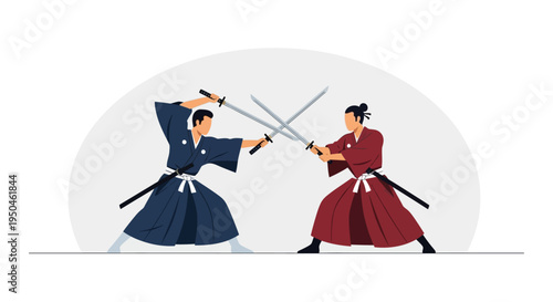 Two samurai warriors in traditional clothing engaged in a sword fight with katanas.