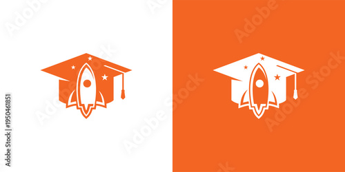 Orange rocket ship inside graduation cap logo design for education.