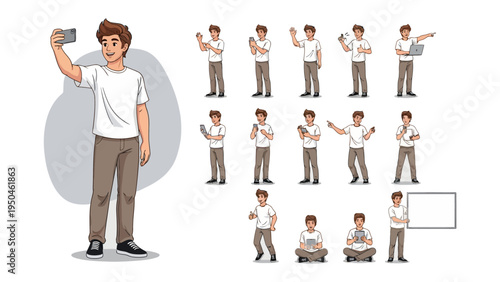Illustration of Various Poses: A compilation of illustrations showcasing a male figure in a variety of poses, emphasizing different activities and expressions.