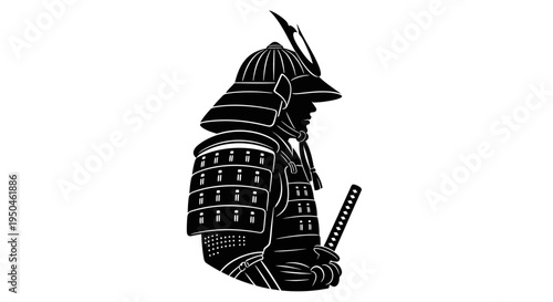 Black Silhouette of a Samurai Warrior in Traditional Armor with Katana Sword