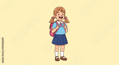 Happy School Girl with Backpack, Ready for School, Cartoon Style