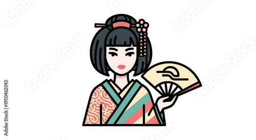 Japanese Geisha Woman Icon Holding Fan, Traditional Kimono, Minimalist Vector Art