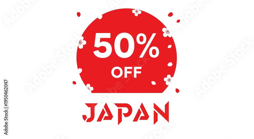 Japan 50% Off Sale Banner with Cherry Blossoms and Red Sun