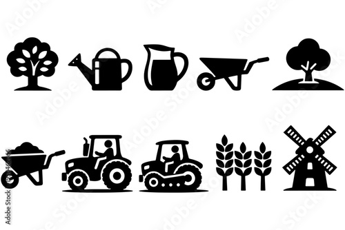 Agriculture Farming Icon Set with Tree Watering Can Tractor Wheat Windmill Silhouettes