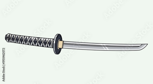 Japanese Katana Sword with Black Handle and Silver Blade on White Background