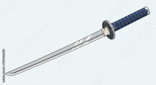 Japanese Katana Sword with Blue Handle on a Light Blue Background