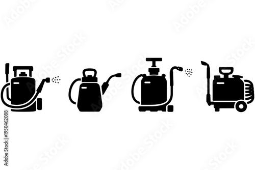 Backpack Garden Sprayer Silhouette Set, Manual Pump Agricultural Spray Icons