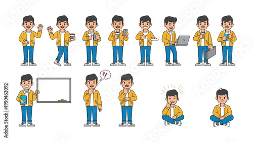 Daily Routine: A series of illustrations presents a man in various daily activities, from interacting with technology and working on project to moments of reflection.