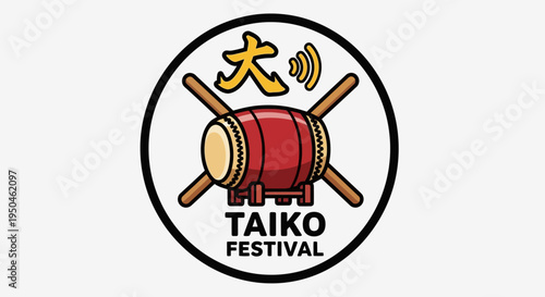 Japanese Taiko Drum Festival Logo with Sticks and Sound Waves