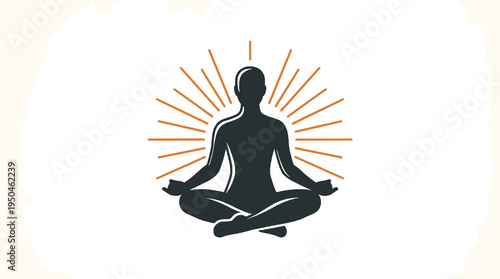 Meditating person silhouette with radiating lines in flat vector style