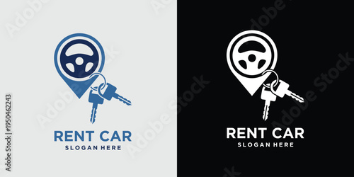 Rent a car logo design with location pin and keys.