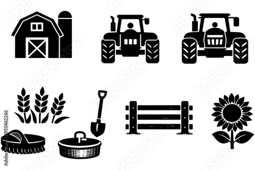 Farming Icon Set in Bold Black Silhouette – Barn, Tractor, Wheat and Sunflower