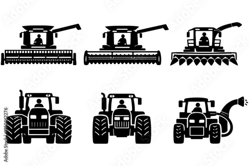 Farming Combine Harvester Silhouette Collection, Agricultural Equipment Vector