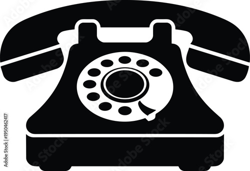 Black rotary phone with white accents on white background telephone vintage