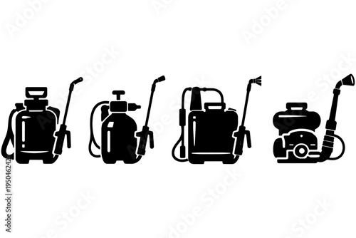 Manual Backpack Sprayer Vector Icon Set, Hand Pump Agricultural Pressure Sprayer Silhouettes