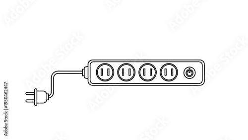 Line art icon of a power strip with four outlets, a power button, and a cord for extending electrical access.