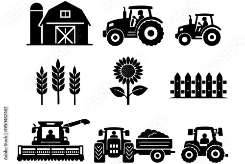 Minimal Agriculture Vector Icons – Farm Barn, Tractor, Wheat Stalk and Fence Symbols
