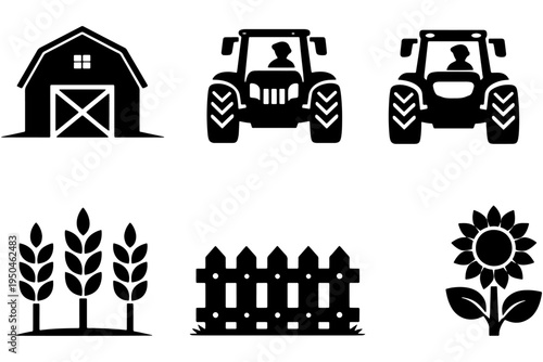 Minimal Farming Icons Set – Barn, Tractor, Fence and Wheat Symbols