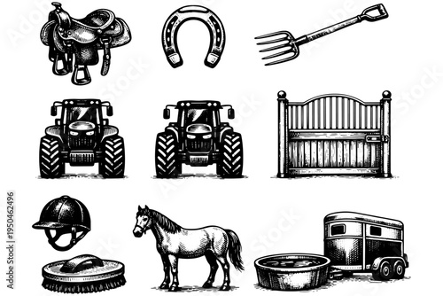 Horse Stable Equipment Vintage Vector Set with Saddle Bridle Grooming Tools
