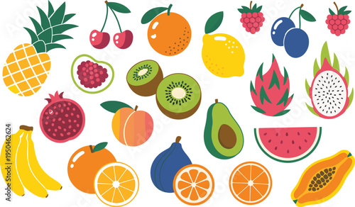 Colorful cartoon fruits on white background pineapple cherries orange lemon raspberries