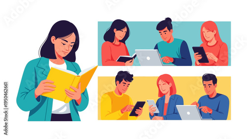 The Modern Learners: a collection of individuals engrossed in studying, interacting with modern devices, from books to tablets, and laptops.