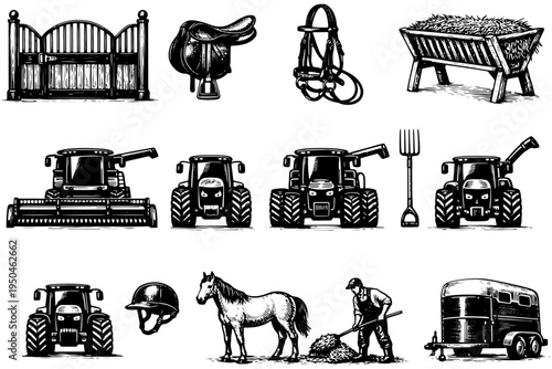 Vintage Horse Stable Equipment and Farm Tools Black and White Illustration Set