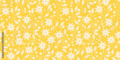 Seamless floral pattern with white daisy flowers and leafy stems on a yellow background. Bright repeating botanical texture for fabric, wrapping paper, stationery, wallpaper, packaging, and textiles.