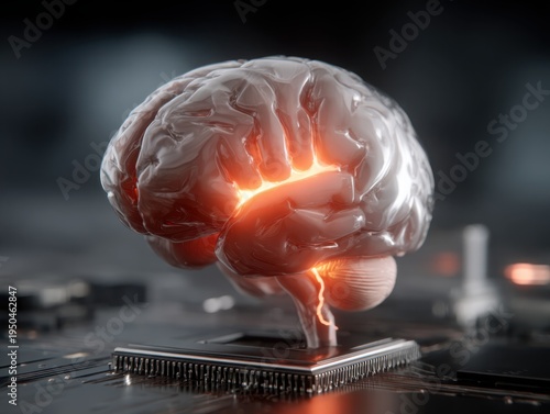 Brain model illuminated over a computer chip in futuristic design  