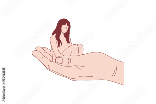 A woman sits on an open hand illustrating care and protection small delicate support