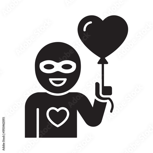 A masked figure holding a heart shaped balloon and wearing a heart