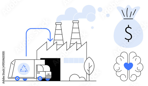 Environmental sustainability, recycling industry, energy efficiency, economic benefits, eco-friendly processes, waste management. Recycling truck at factory with money and brain icons. Recycling