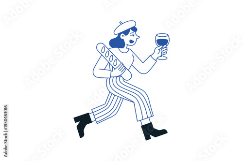Woman in striped pants running while holding wine and bread beret black boots french