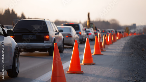 Road Closure with Orange Traffic Cones Directing Vehicular Flow on a Sunny Day: Cars queue patiently as construction work progresses, highlighting traffic management and infrastructure development