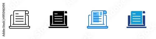 Digital Document Multiple Style Icon Design Vector - Document on laptop screen representing online file viewing, digital document management, and information review workflow