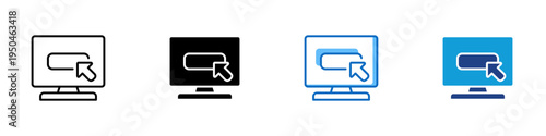 Click Button Multiple Style Icon Design Vector - Computer monitor with cursor clicking rounded button representing interface interaction, digital action trigger, and web navigation control