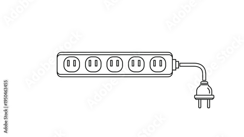 Animated line art of a power strip with multiple outlets and a plug, representing electricity, energy, connection, and office equipment.