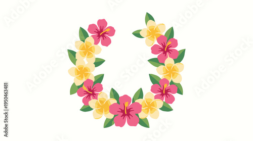Floral lei with pink and yellow flowers on white