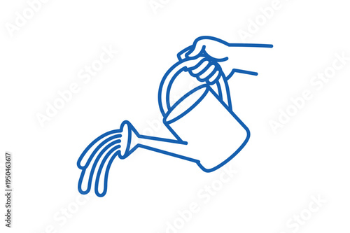 A hand holdin.g and watering with a blue line art watering can plant water