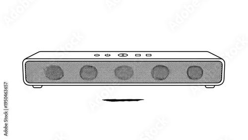 Front view line drawing of a modern soundbar with multiple speakers behind a mesh grille, for an enhanced home theater audio experience.