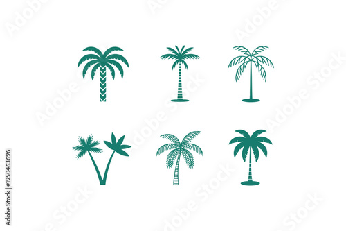 Collection of six different dark green palm tree silhouettes on white background trees silhouette.