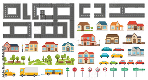Cityscape Elements: Roads, Houses, Cars, and Public Transport Collection