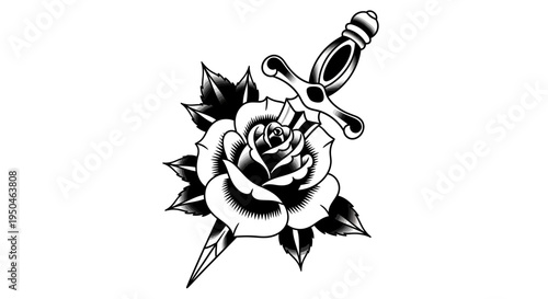 Black and White Traditional Tattoo Style Rose and Dagger Illustration.