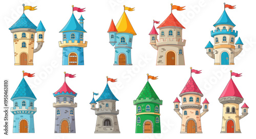 Collection of colorful cartoon fairytale castle towers with flags, fantasy architecture